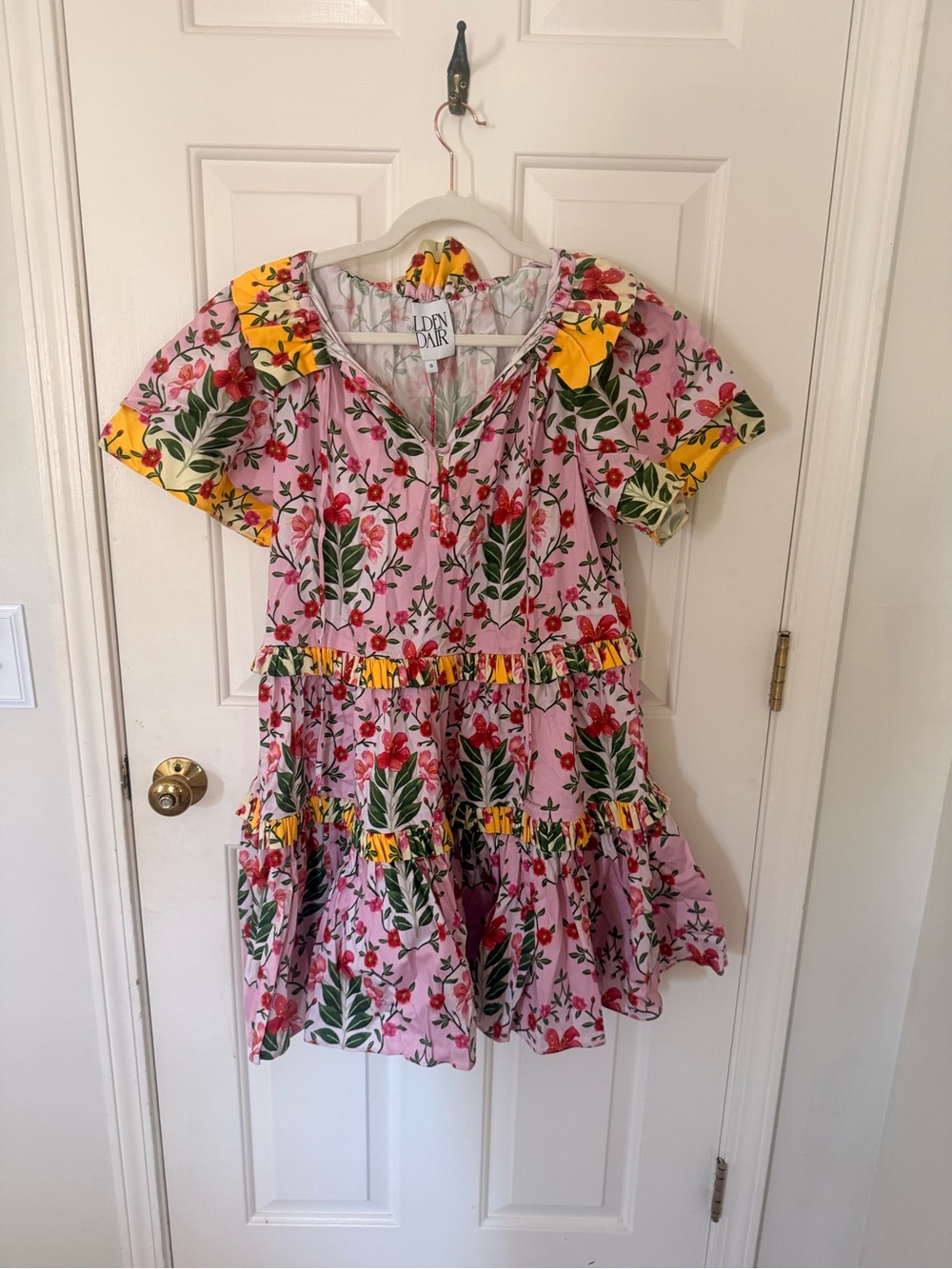 Alden Adair Hallie Pink Floral Tiered Mini Dress with Yellow Trim